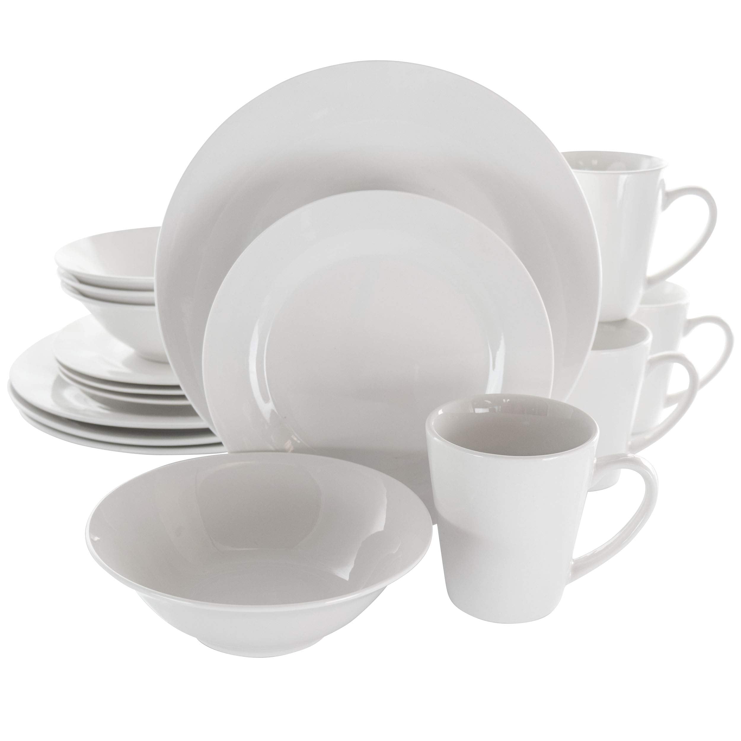 Elama Marshall 16-Piece Porcelain Dinnerware Set in White – Service for 4, Coupe Plates & Bowls, Microwave & Dishwasher Safe