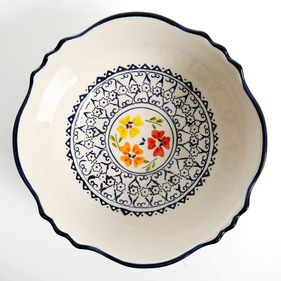 Gibson Home Luxembourg 2-Piece Hand-Painted Stoneware Serving Bowl Set, White with Blue Design (10" & 8")
