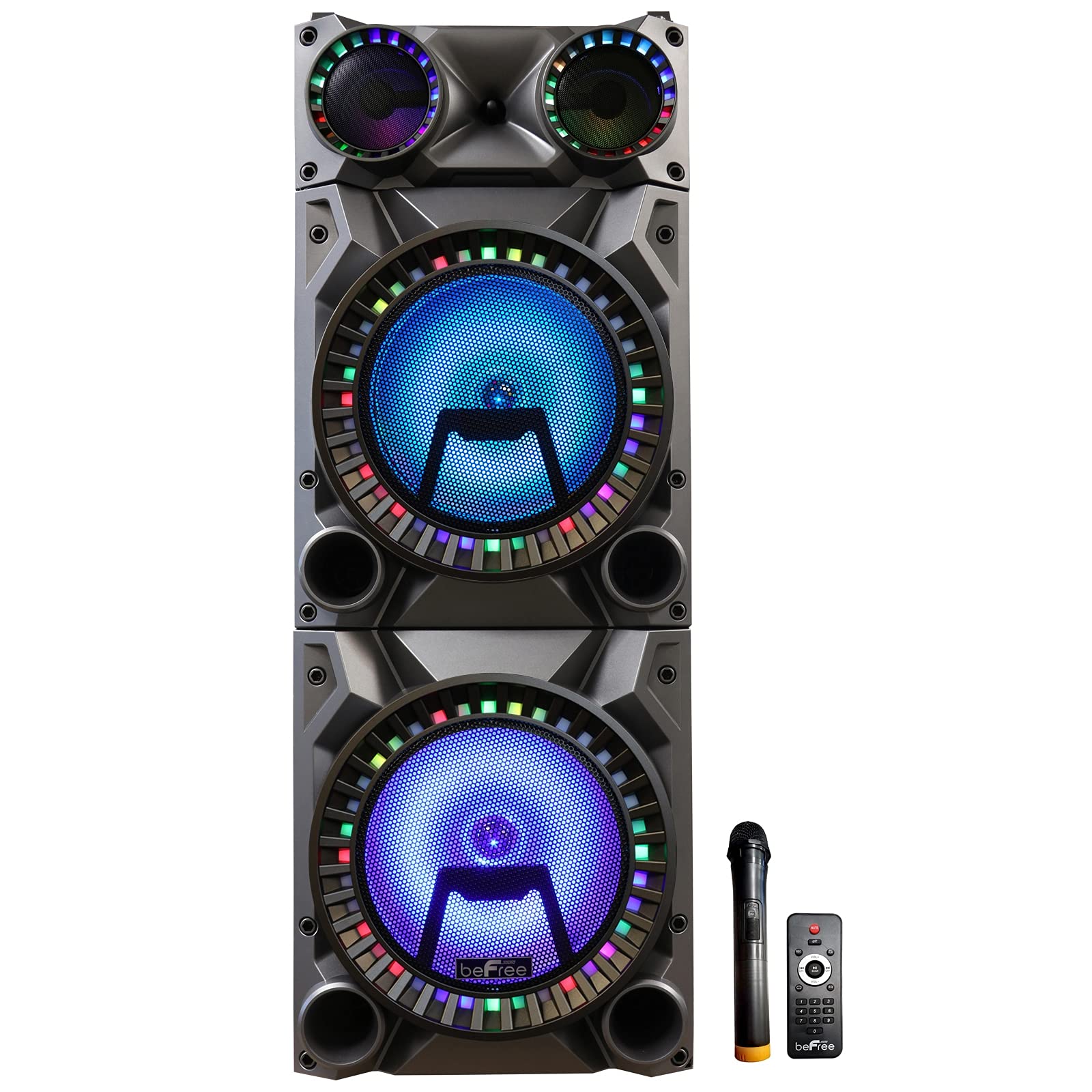 beFree Sound 12" Bluetooth Double Subwoofer Portable Speaker with LED Party Lights, FM Radio, USB/SD/AUX