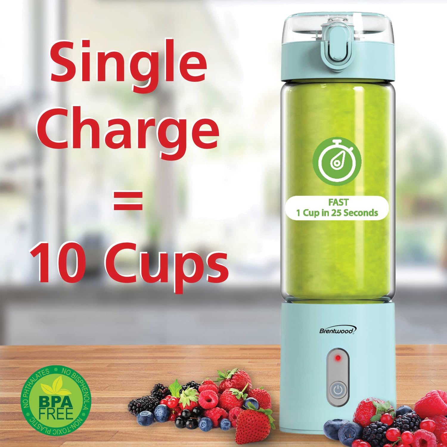Brentwood RJB-100BL 17oz Portable Rechargeable USB Glass Blender - Blue, 16,000 RPM Cordless Personal Blender with Sports Lid