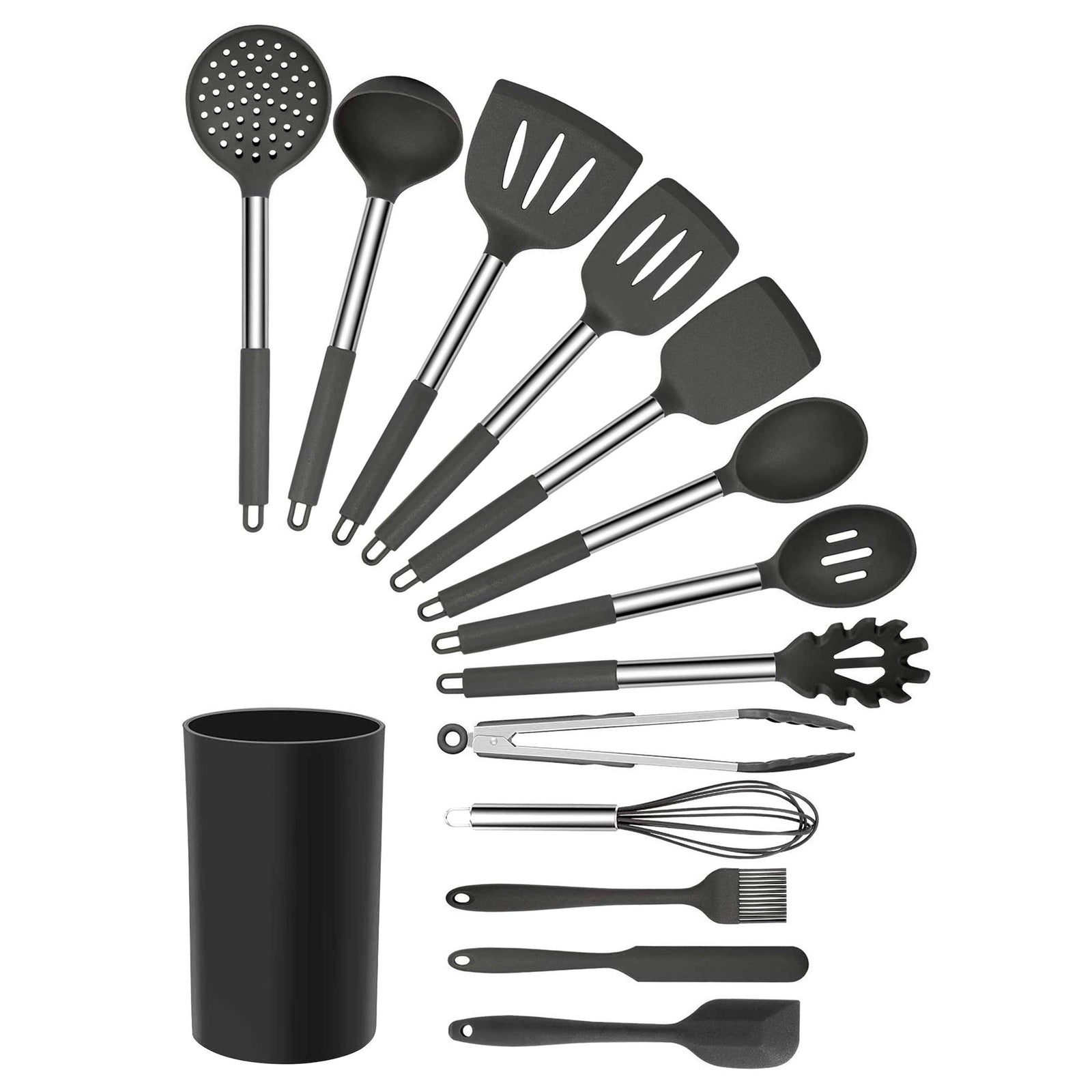 MegaChef 14-Piece Silicone and Stainless Steel Kitchen Utensil Set, Gray (13 Tools + Storage Canister)
