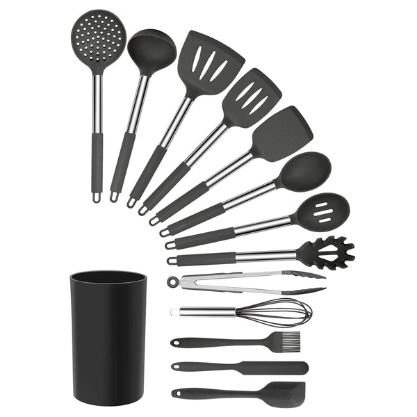 MegaChef 14-Piece Silicone and Stainless Steel Kitchen Utensil Set, Gray (13 Tools + Storage Canister)