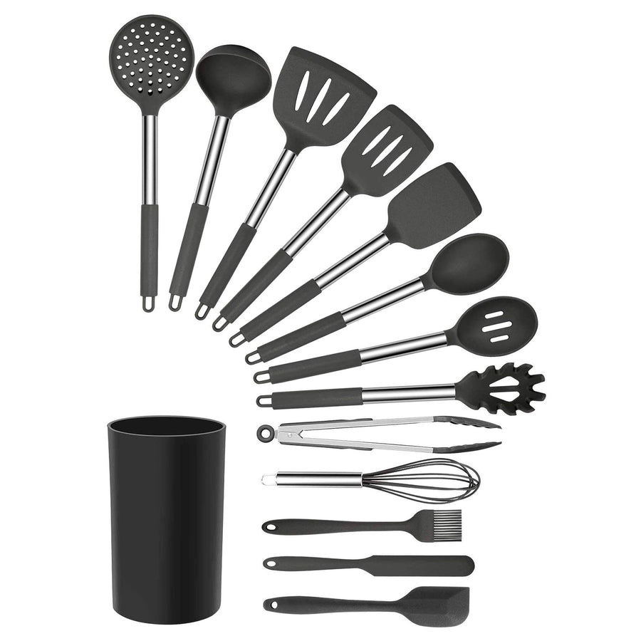 MegaChef 14-Piece Silicone and Stainless Steel Kitchen Utensil Set, Gray (13 Tools + Storage Canister)