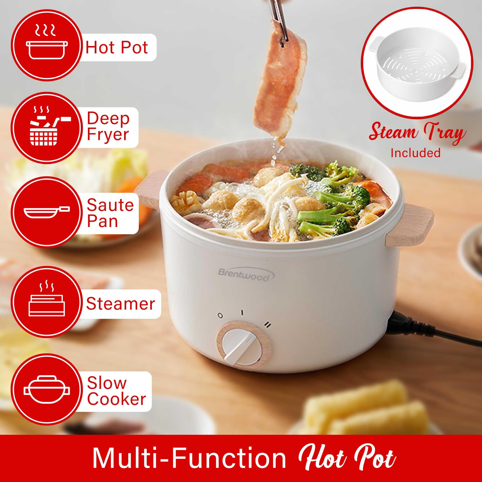 Brentwood HPS-3302W 3 Liter Multi-Function Electric Hot Pot Cooker - White, Ceramic Non-Stick with Stainless Steel Steamer Tray