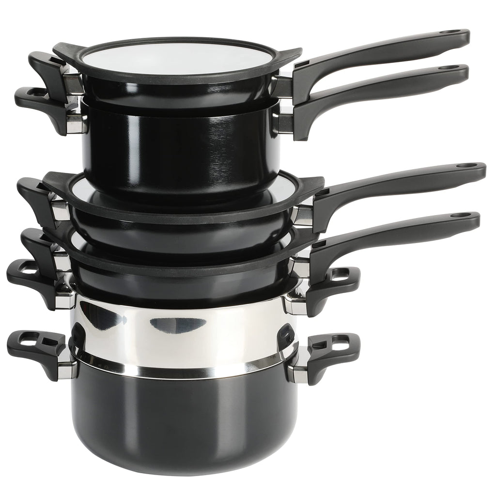 Kenmore Elite Grayson 9-Piece Stackable Platinum Nonstick Forged Aluminum Cookware Set – Induction-Ready Pots & Pans with Tempered Glass Lids & Stainless Steamer (Black)