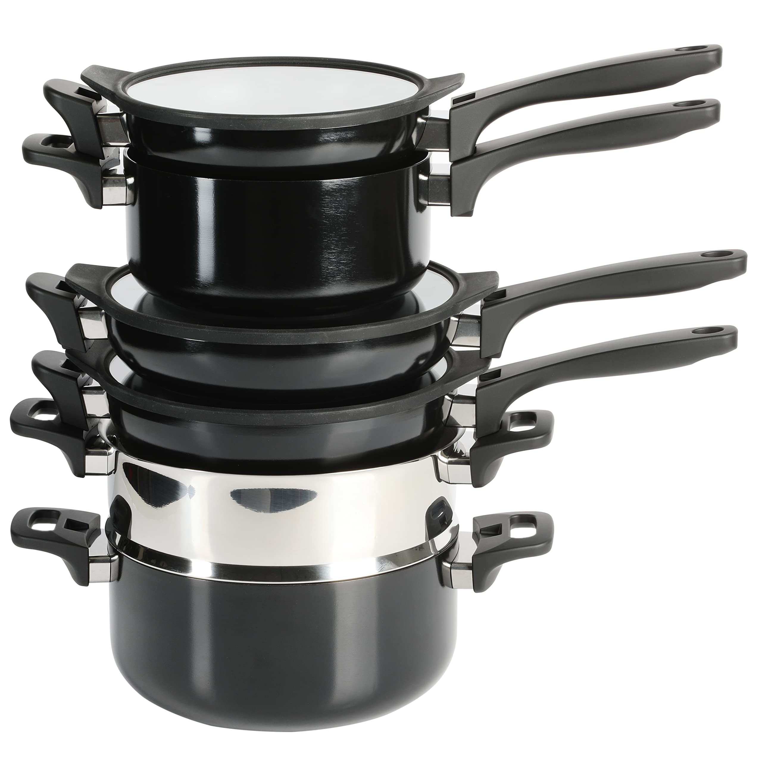 Kenmore Elite Grayson 9-Piece Stackable Platinum Nonstick Forged Aluminum Cookware Set – Induction-Ready Pots & Pans with Tempered Glass Lids & Stainless Steamer (Black)