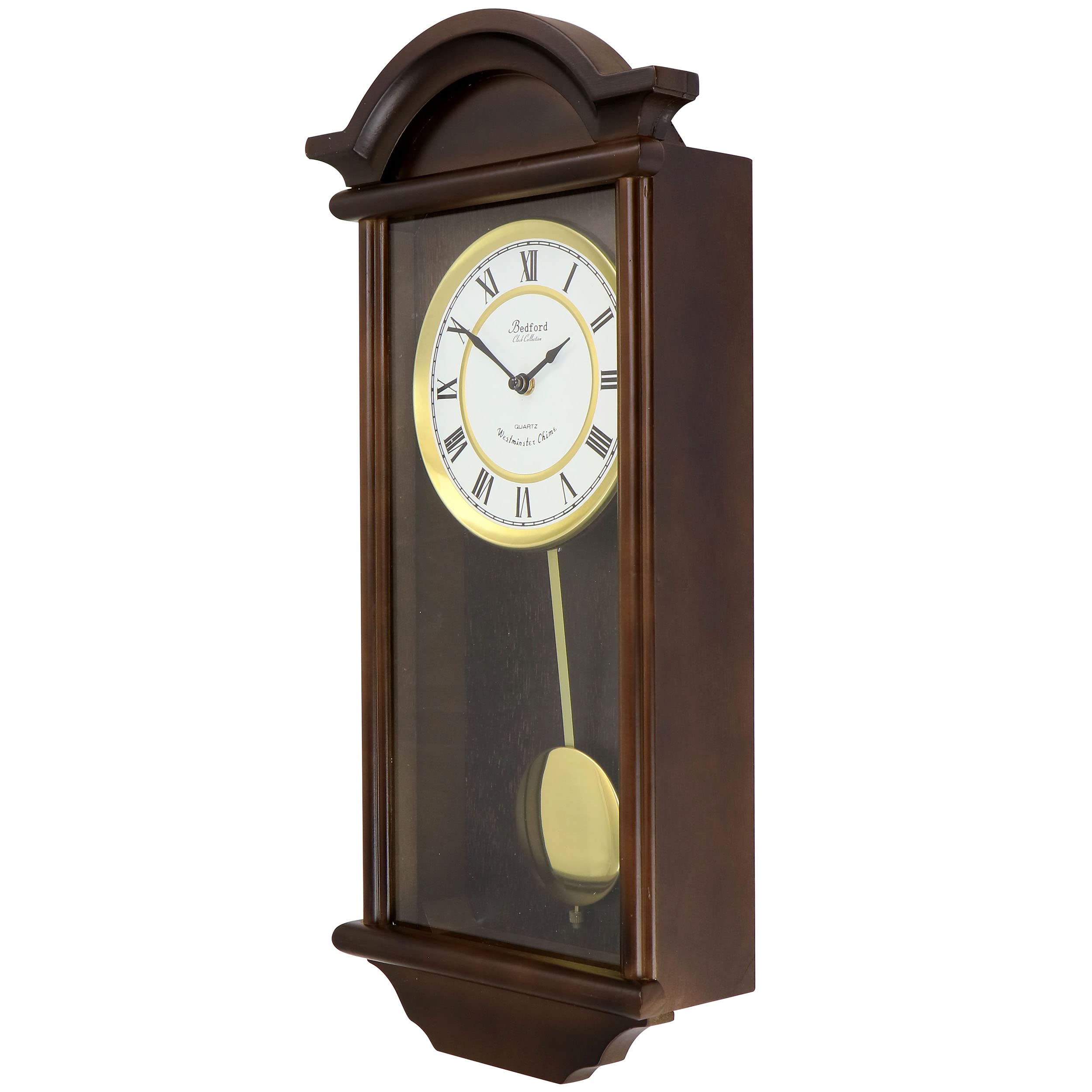 Bedford Clock Collection George 22" Chestnut Wood Chiming Pendulum Wall Clock — Westminster Quartz Heirloom Clock