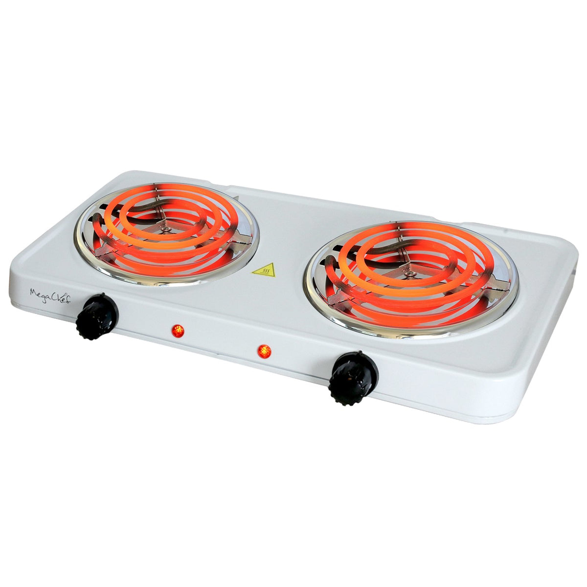 MegaChef MC-2012A-W Portable Dual Coil Cooktop, 1700W, Two 5.5 in Burners, White, Independent Temperature Knobs with Indicator Lights