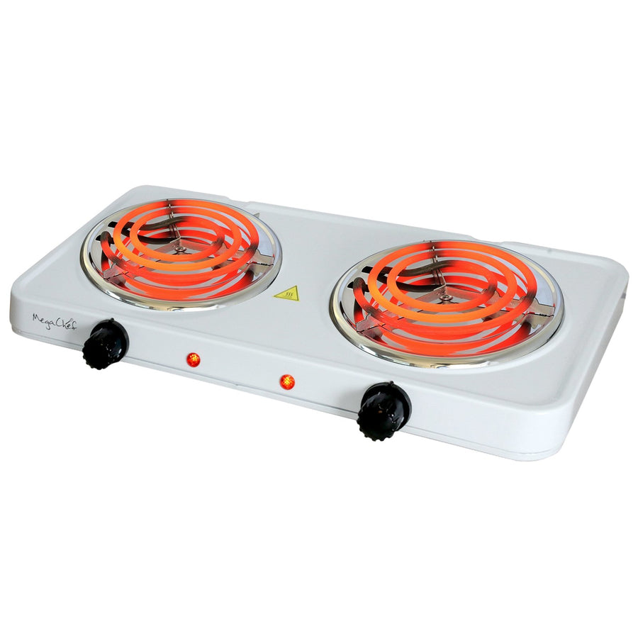 MegaChef MC-2012A-W Portable Dual Coil Cooktop, 1700W, Two 5.5 in Burners, White, Independent Temperature Knobs with Indicator Lights