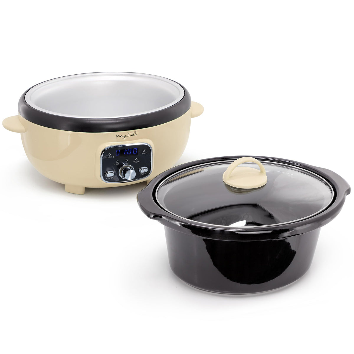 Digital Slow Cooker, 3.7 Qt Oval with High, Low and Warm Settings, Cream, by MegaChef