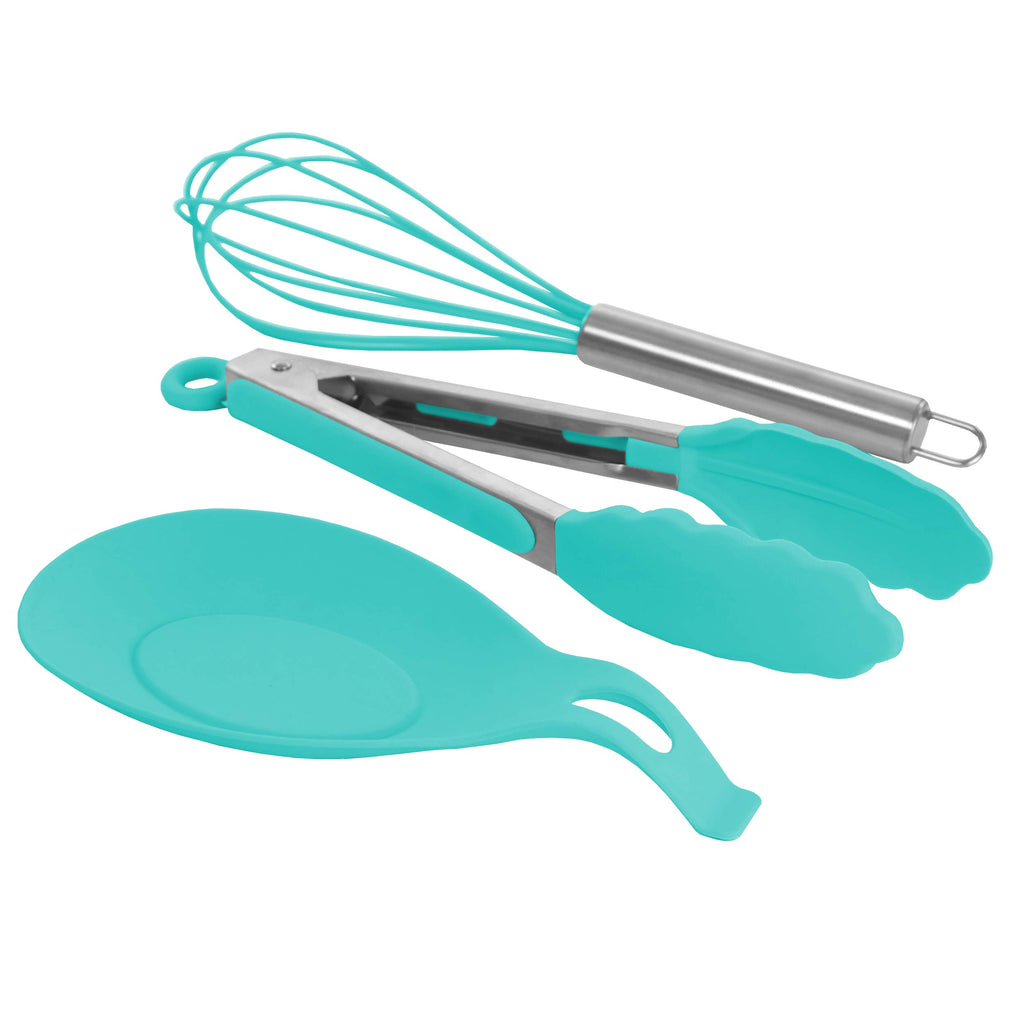 MegaChef 12-Piece Kitchen Cooking Utensil Set – Light Teal Silicone & Stainless Steel with Holder Stand