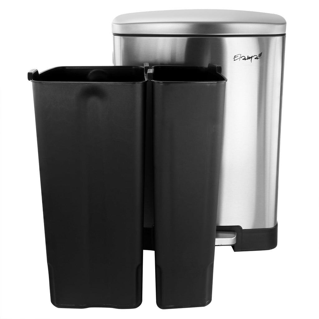 Elama 40L Stainless Steel Step Trash & Recycling Bin – 6.6 Gal + 3.9 Gal Split Compartments, Slow-Close Lid, Hands-Free Pedal (Silver)