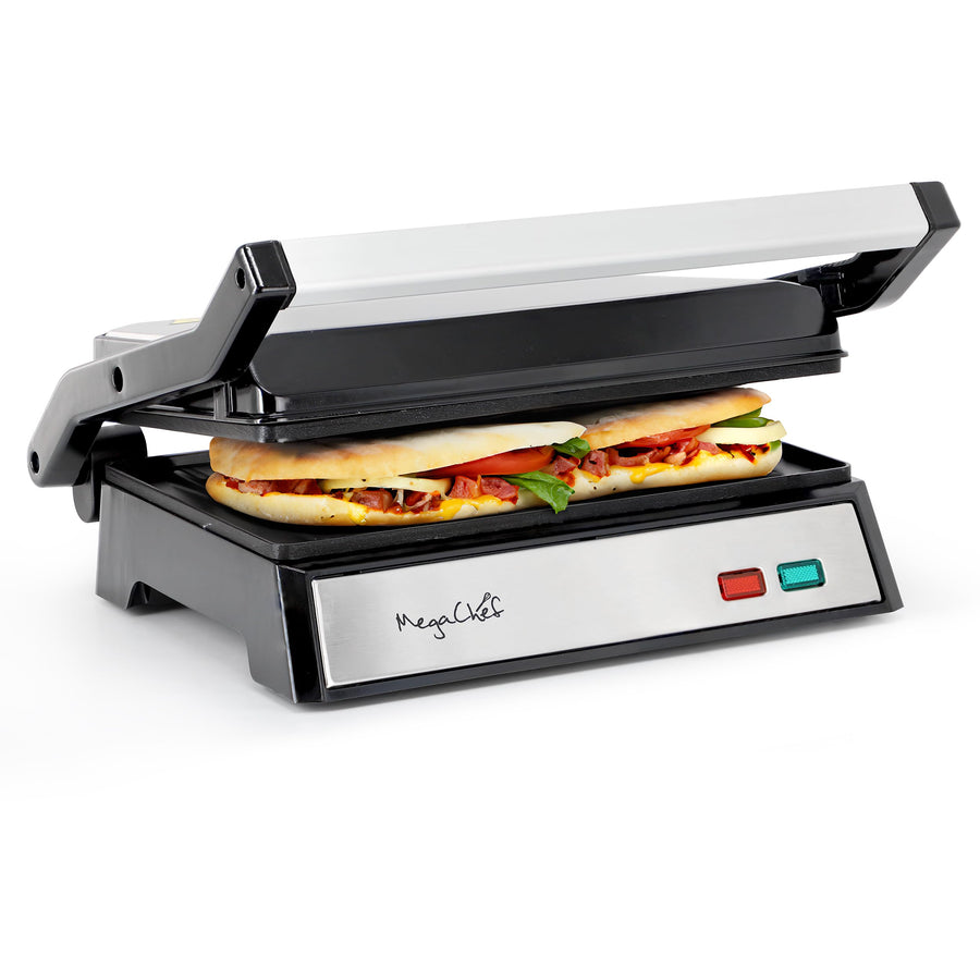 MegaChef silver electric dual plate nonstick panini grill and sandwich press with cool-touch handle and drip tray