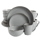 Gibson Home Rockaway 16-Piece Round Stoneware Dinnerware Set — Service for 4 in Grey with Gold Rim, Microwave & Dishwasher Safe Plates and Bowls