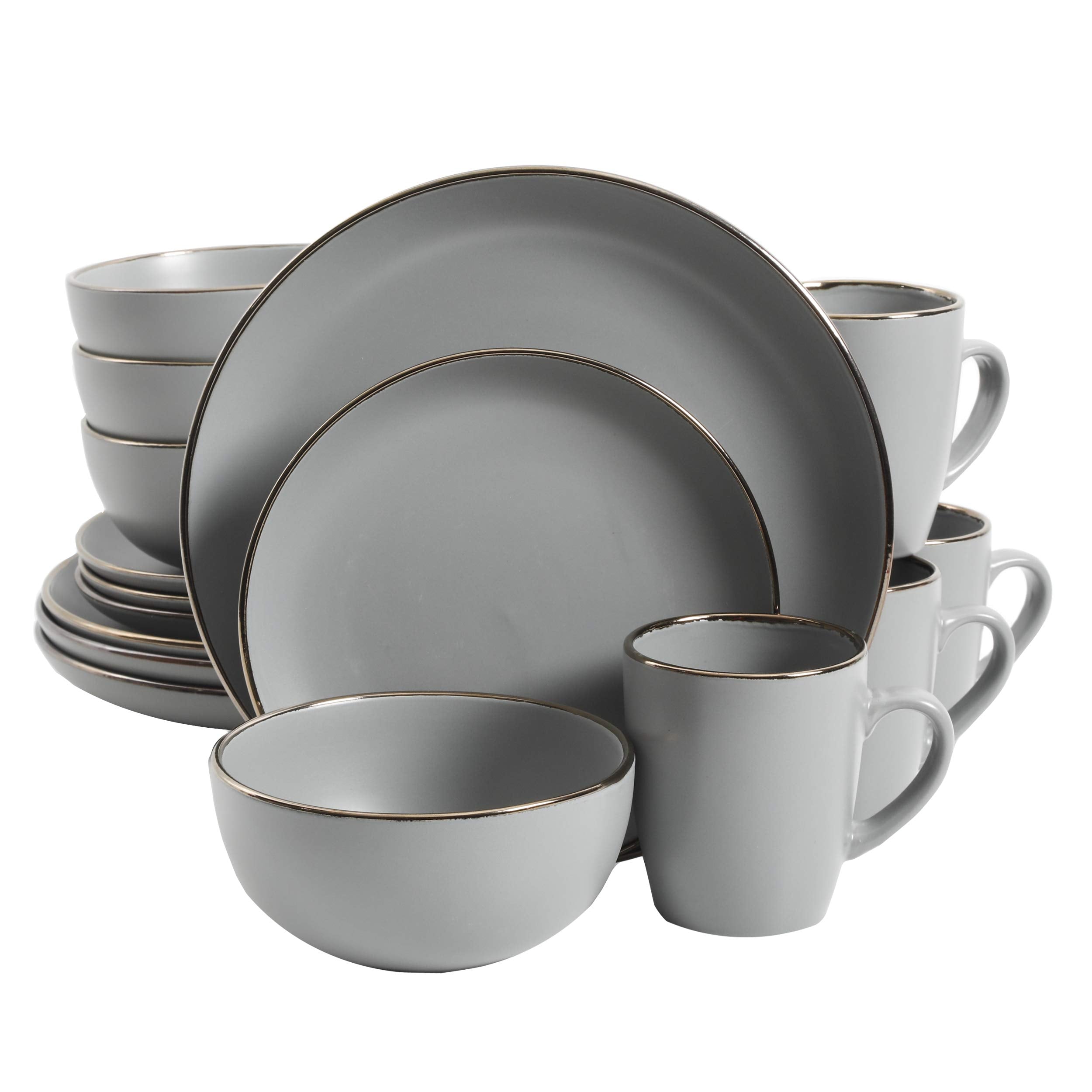 Gibson Home Rockaway 16-Piece Round Stoneware Dinnerware Set — Service for 4 in Grey with Gold Rim, Microwave & Dishwasher Safe Plates and Bowls