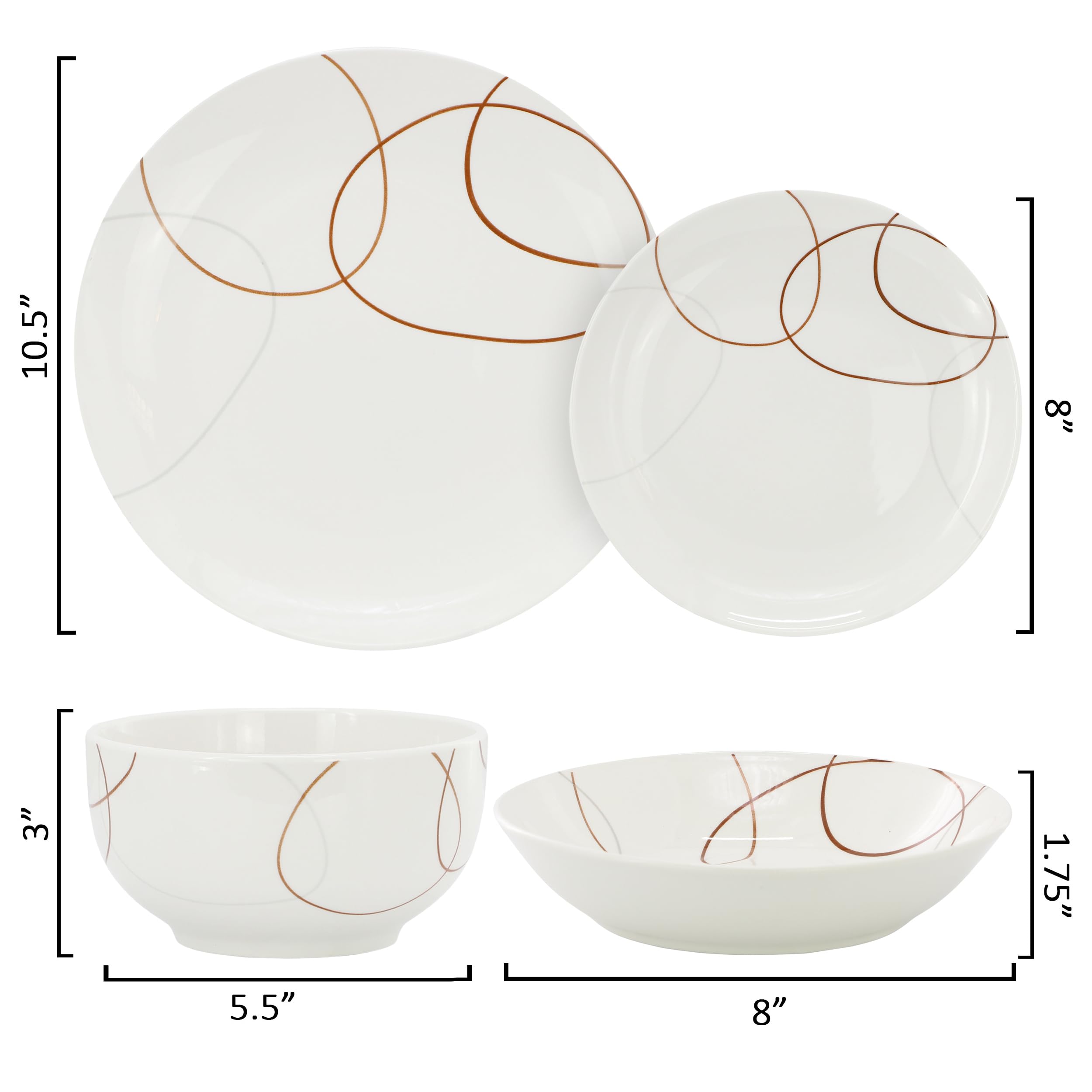 Elama Sydney 24-Piece Porcelain Double Bowl Dinnerware Set – White Abstract Service for 6