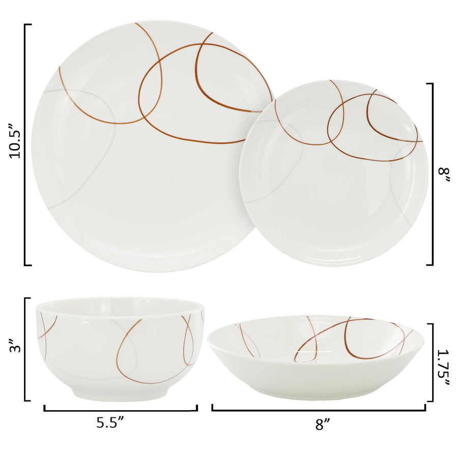 Elama Sydney 16-Piece Porcelain Double Bowl Dinnerware Set, White Abstract, Service for 4