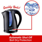 Brentwood 1.7L 1100W Cordless Electric Kettle – Black, 360-Degree Base with Concealed Stainless Element, Auto Shut-Off & Boil-Dry Protection