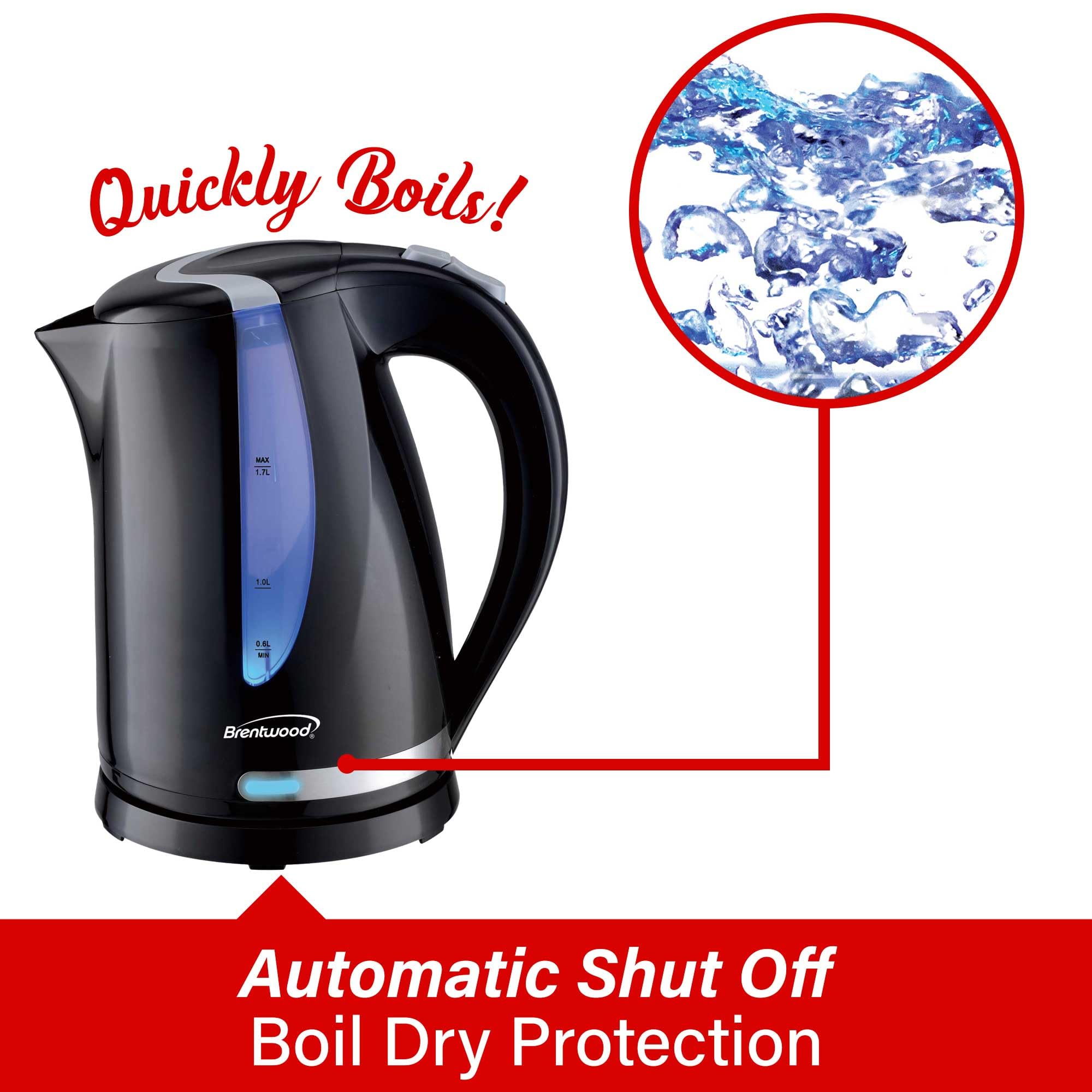 Brentwood 1.7L 1100W Cordless Electric Kettle – Black, 360-Degree Base with Concealed Stainless Element, Auto Shut-Off & Boil-Dry Protection