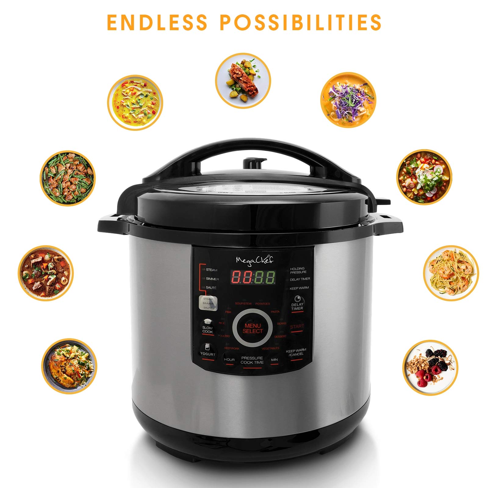 MegaChef 12-Quart XL Digital Pressure Cooker & Electric Multi-Cooker, 1600W, 15 Presets, Glass Lid