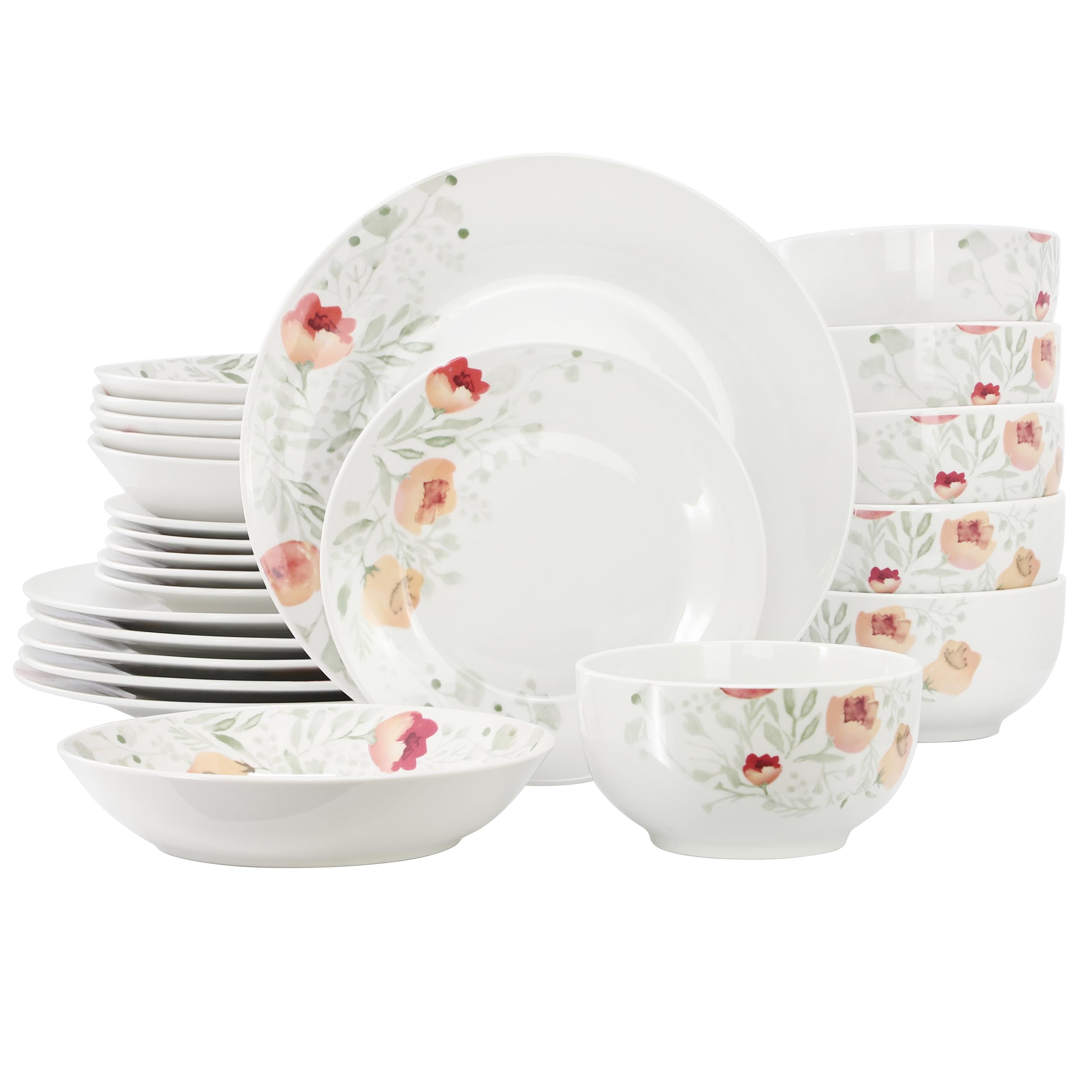 Elama Poppy 24-Piece Porcelain Double Bowl Dinnerware Set – Cherry Blossom Floral | Service for 6