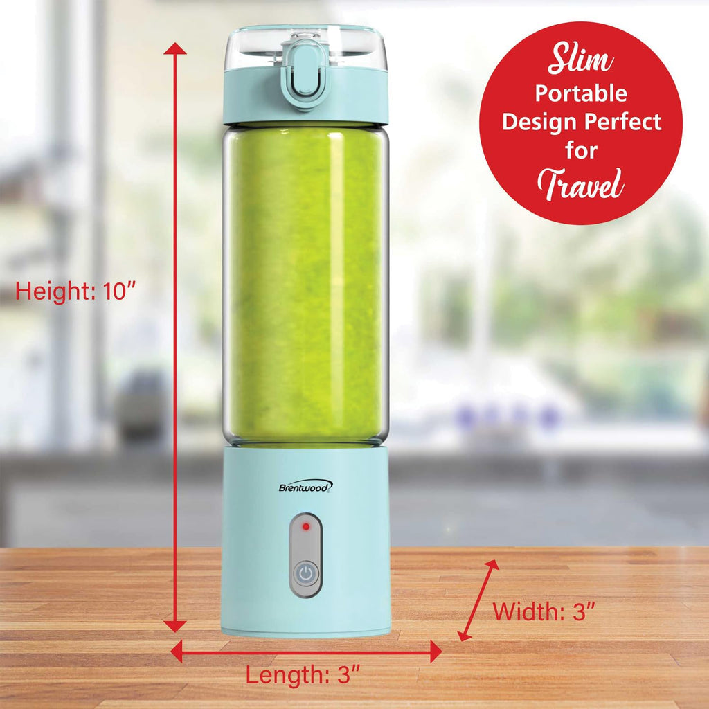 Brentwood RJB-100BL 17oz Portable Rechargeable USB Glass Blender - Blue, 16,000 RPM Cordless Personal Blender with Sports Lid