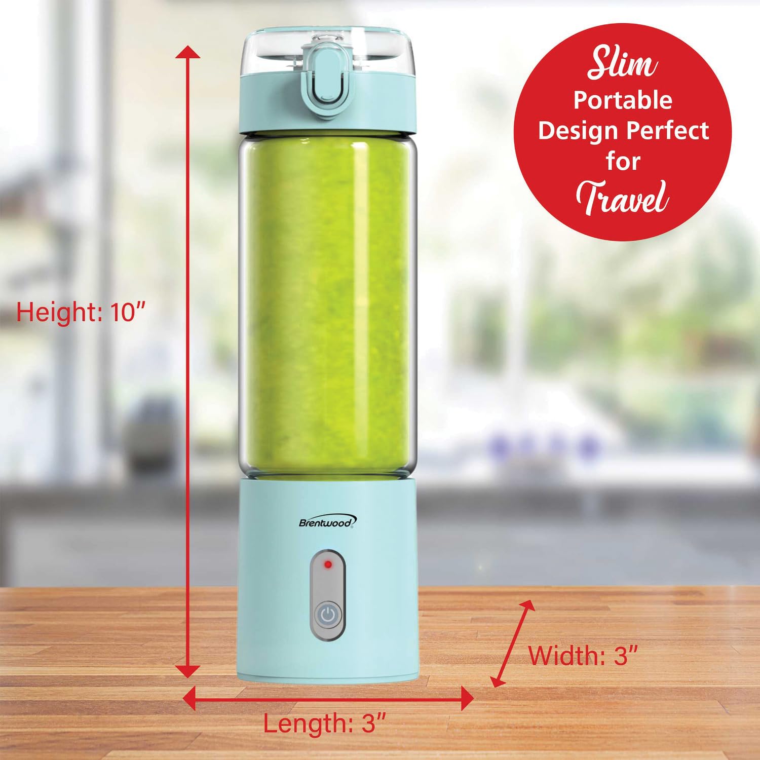 Brentwood RJB-100BL 17oz Portable Rechargeable USB Glass Blender - Blue, 16,000 RPM Cordless Personal Blender with Sports Lid