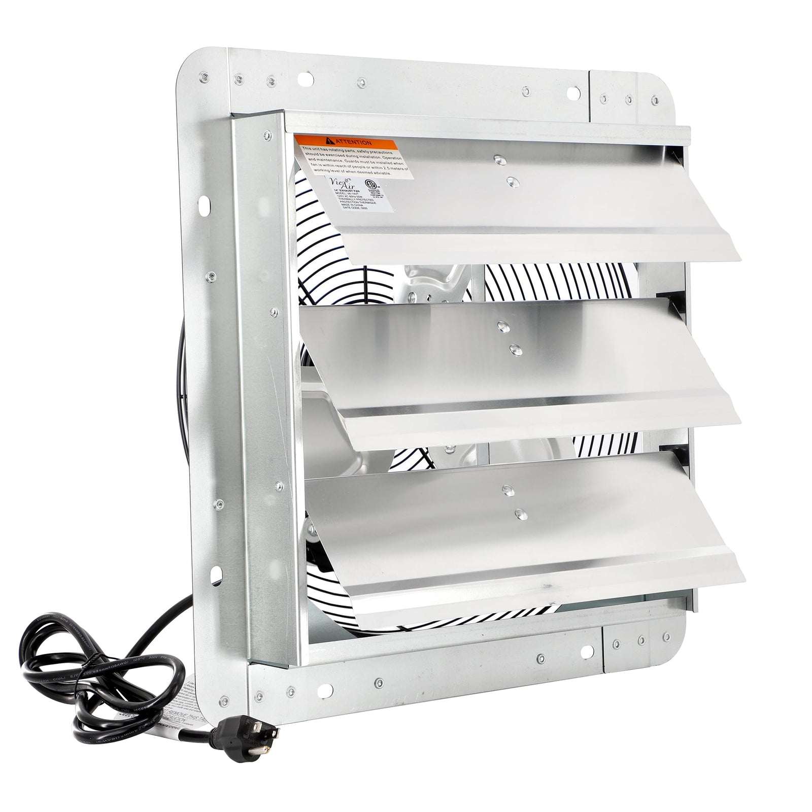 Vie Air 12 Inch Aluminum Shutter Exhaust Fan with Power Cord, Wall-Mount Ventilation, Silver