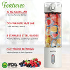 Brentwood RJB-100W 17 oz Portable USB Rechargeable Glass Blender - White, 2400mAh