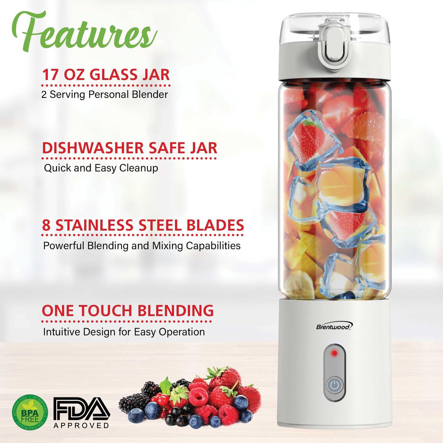 Brentwood RJB-100W 17 oz Portable USB Rechargeable Glass Blender - White, 2400mAh