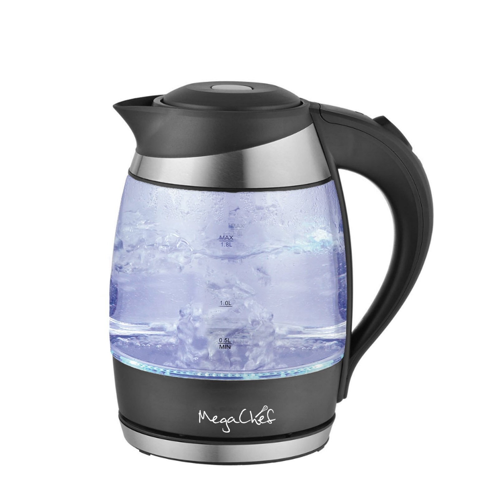 Megachef 1.8L Glass and Stainless Steel Electric Tea Kettle, Cordless Borosilicate Kettle with Blue LED and Auto Shut-Off