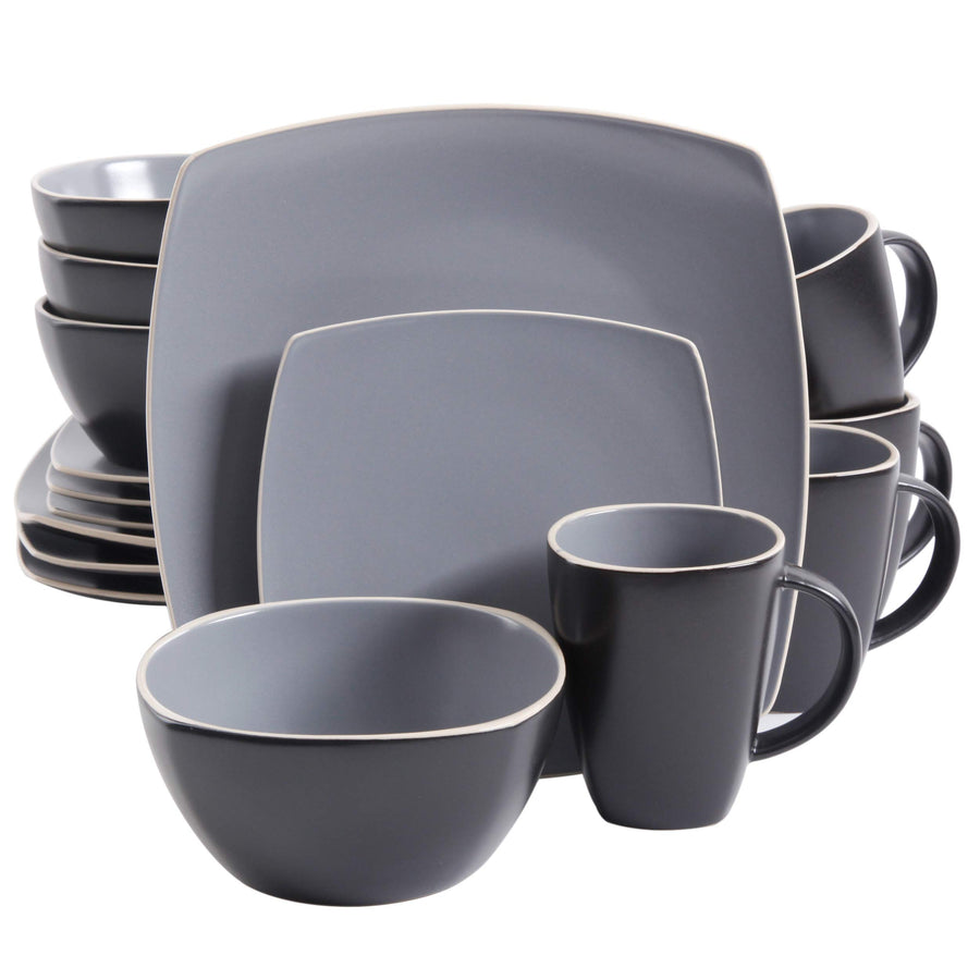 Gibson Elite Soho Lounge 16-Piece Square Stoneware Dinnerware Set, Service for 4, Matte Gray