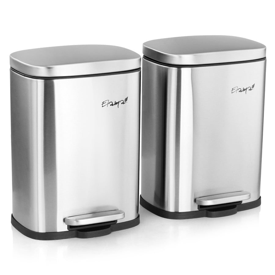 Two 1.3 gallon stainless steel step trash cans for bathroom or office