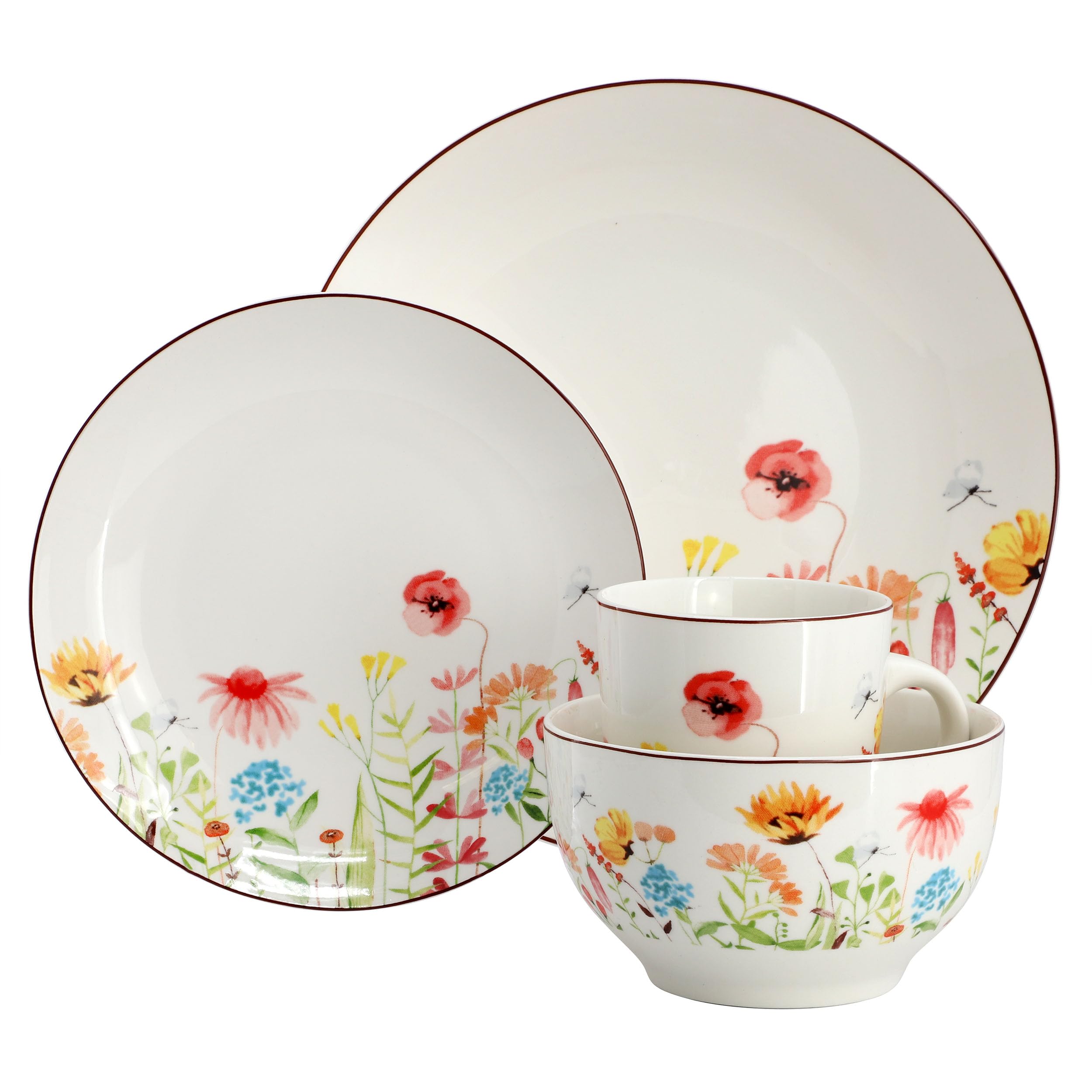 Elama Wildflower Meadow 16-Piece Porcelain Dinnerware Set – Service for 4, Floral Plates, Bowls & Mugs, Microwave & Dishwasher Safe
