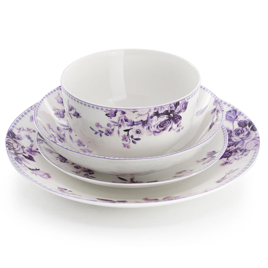 Elama Traditional Rose 24-Piece Stoneware Double Bowl Dinnerware Set, Service for 6, Purple