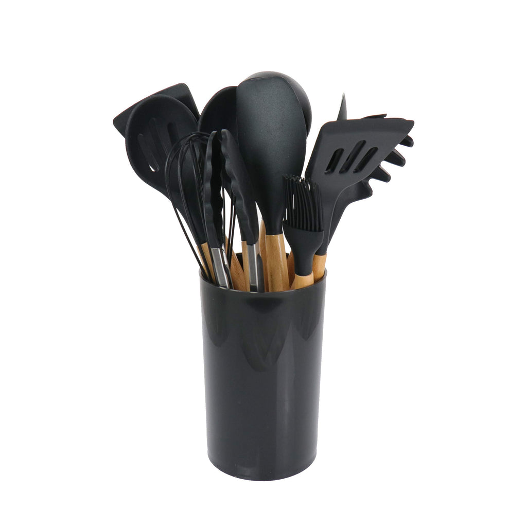 MegaChef 12-Piece Silicone & Wood Cooking Utensil Set – Black, Nonstick-Safe with Countertop Holder
