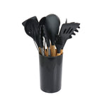 MegaChef 12-Piece Silicone & Wood Cooking Utensil Set – Black, Nonstick-Safe with Countertop Holder