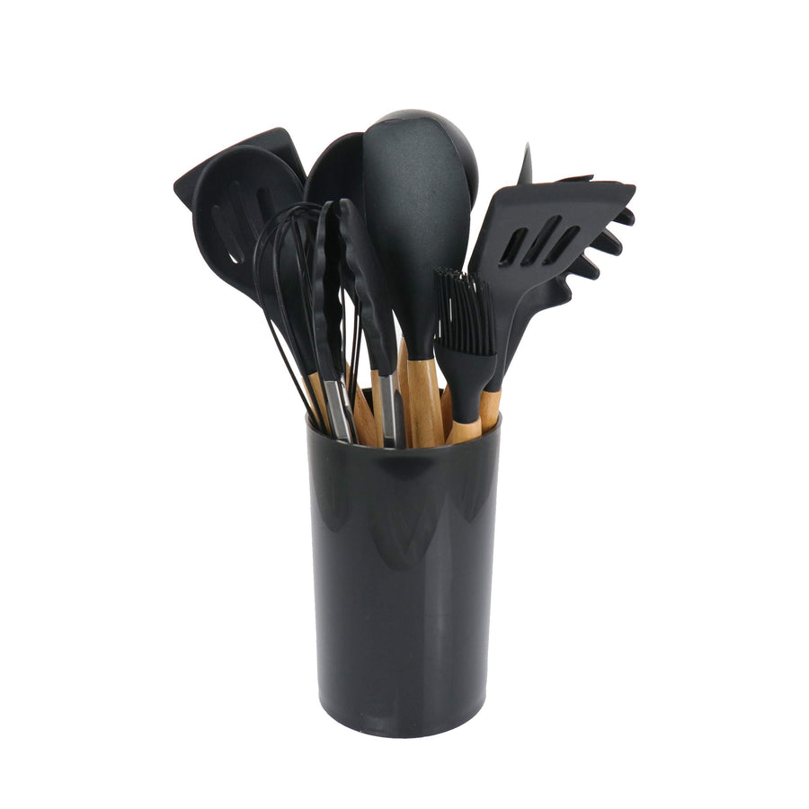 MegaChef 12-Piece Silicone & Wood Cooking Utensil Set, Black, Nonstick-Safe with Countertop Holder