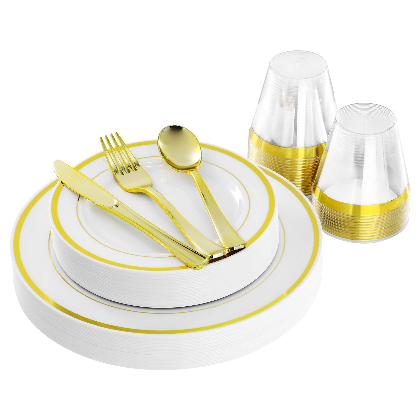Elama 150-Piece Disposable Plastic Dinnerware Party Set for 25 Guests, White with Gold Trim, Plates Cups & Cutlery