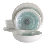 Melamine Dinnerware Set, 12-Piece Service for 4, Lightweight Potters Wheel Design, White and Light Blue, by Elama