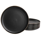 Elama Paul 6-Piece Stoneware Salad Plate Set – 8" Matte Black with Elegant Gold Rim, Microwave & Dishwasher Safe