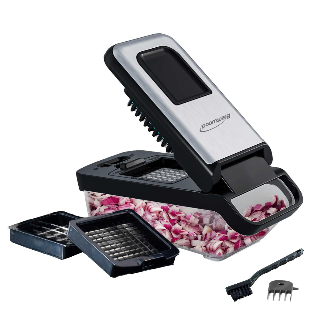 Brentwood black manual vegetable chopper with stainless steel blades and 3.6-cup container