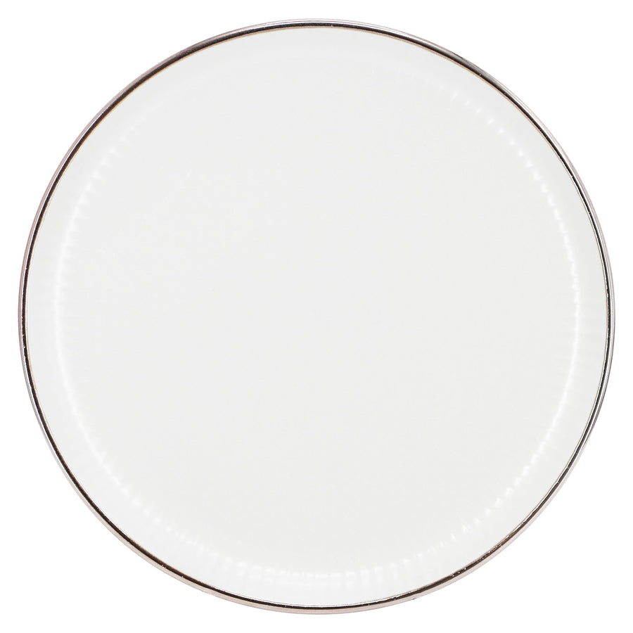 Elama Leo 10.5 inch white stoneware dinner plate, top view of the matte finish and bronze-tone rim