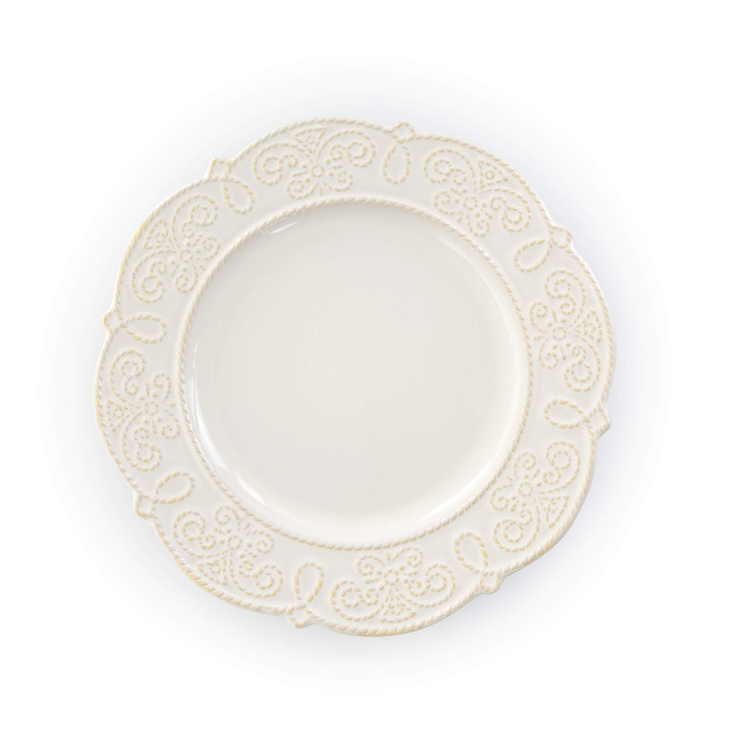 Elama Luna 16-Piece Embossed Scalloped Stoneware Dinnerware Set – White Service for 4