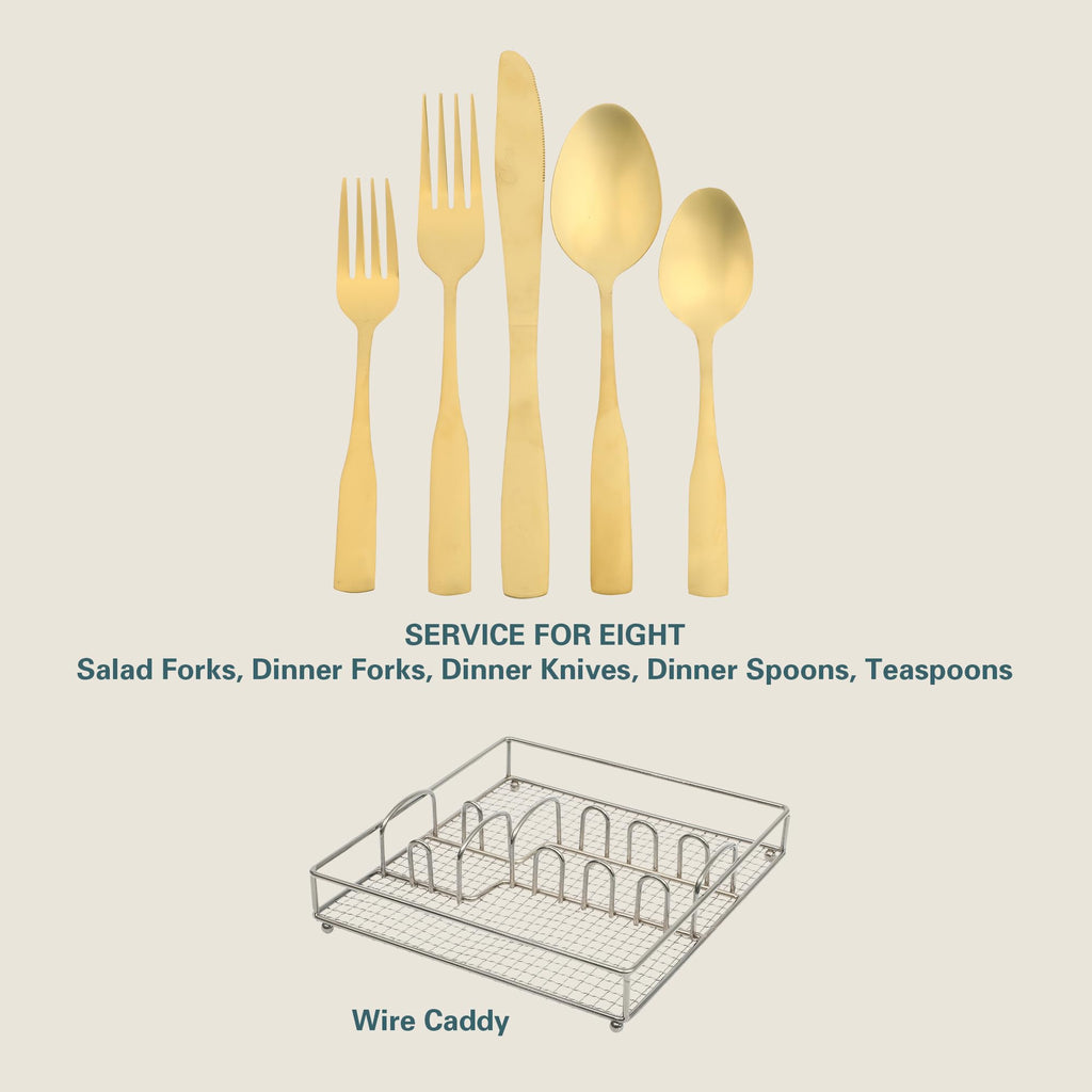 Gibson Home Abbeville 41-Piece Gold Flatware Set – Stainless Steel Service for 8 with Wire Caddy