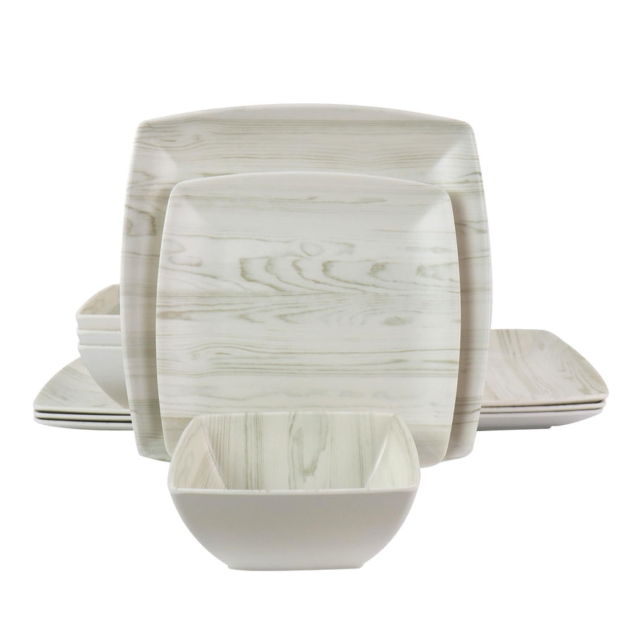 Gibson Home Woodgrain 12-Piece Melamine Dinnerware Set, Service for 4, White