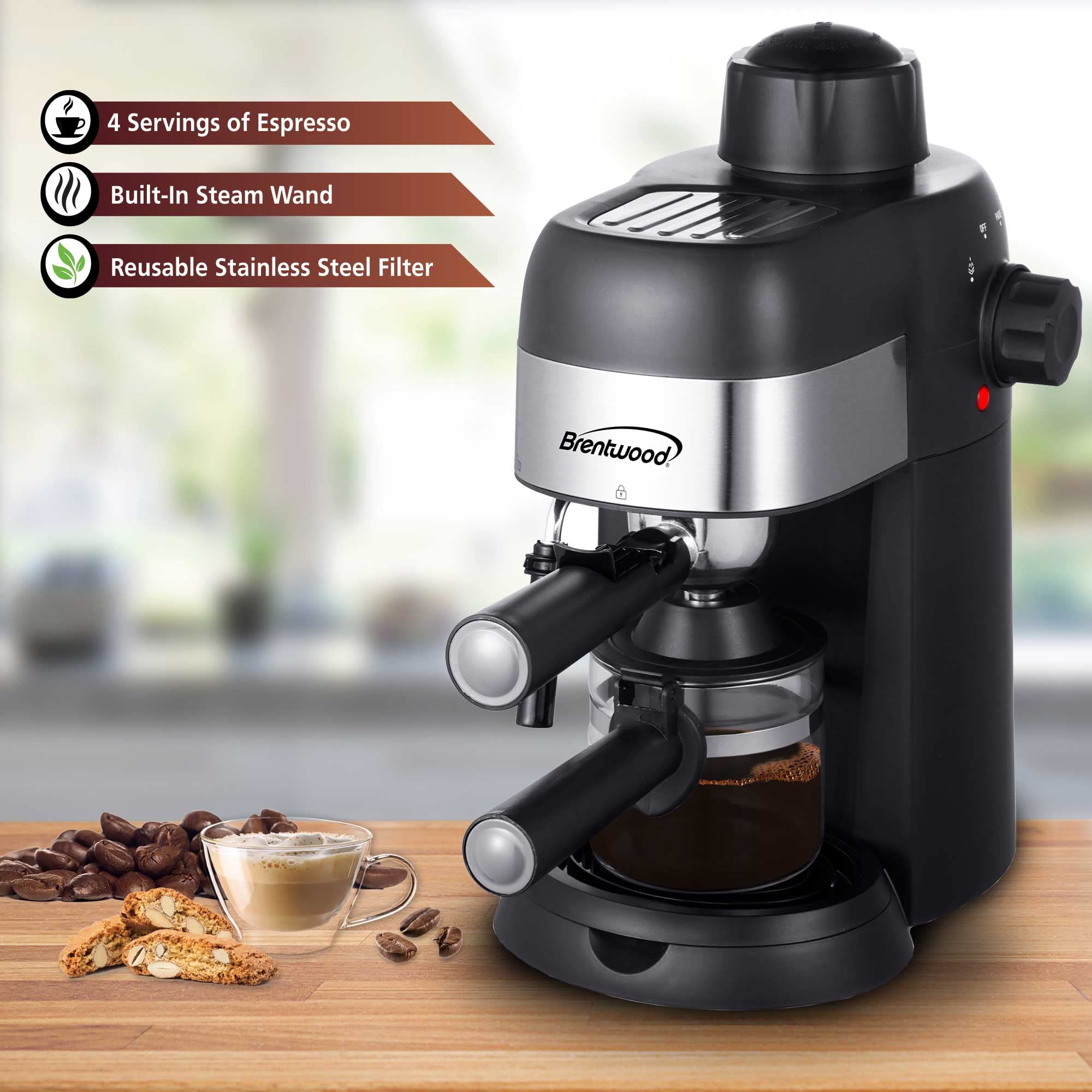Brentwood 4-Serving Espresso and Cappuccino Maker with Steam Frother, Black