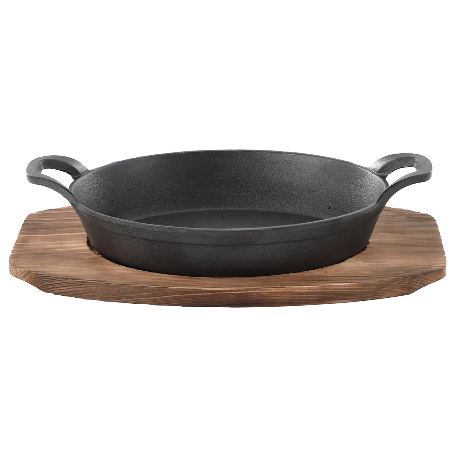 MegaChef Cast Iron Mini Oval Serving Pan with Birch Wood Tray