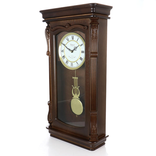 Bedford Clock Collection Chestnut Chiming Pendulum Wall Clock – Quartz Westminster Chimes, Golden Accents with Swinging Pendulum & Metal Dial