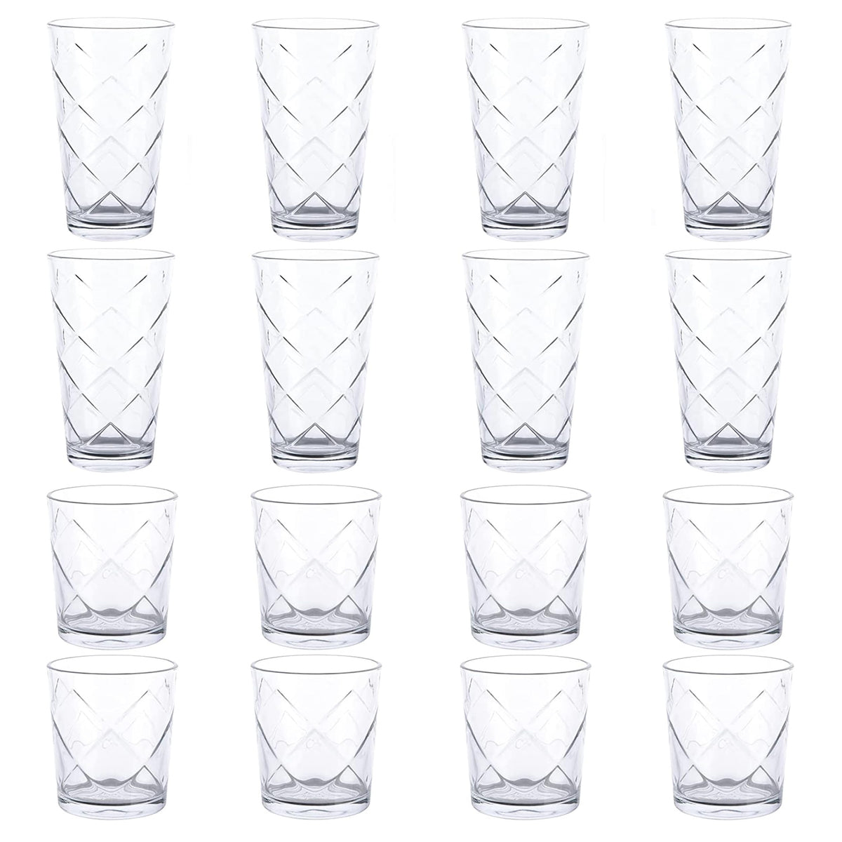 Gibson Home Lattice Glassware Set, 16-Piece with 16 Oz Tumblers and 13.5 Oz Double Old Fashioned Glasses, Clear